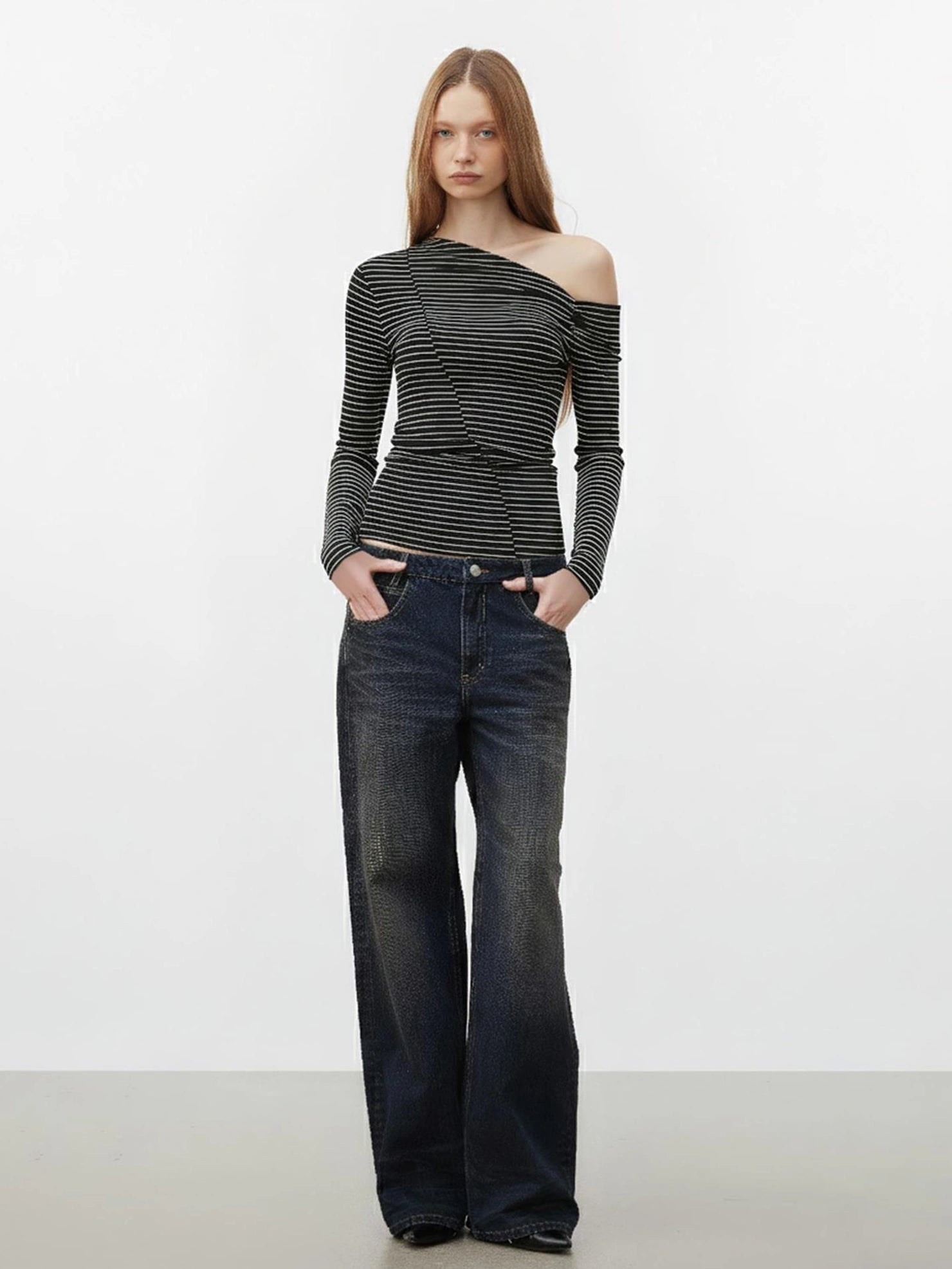 AFTADAWN Off Shoulder Ribbed Striped Long Sleeve T-shirt T-shirt