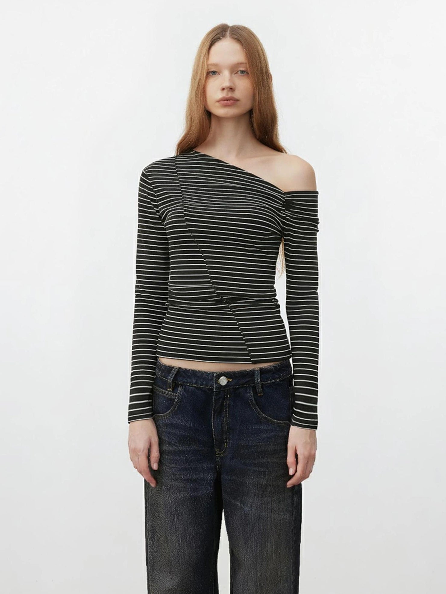 AFTADAWN Off Shoulder Ribbed Striped Long Sleeve T-shirt T-shirt