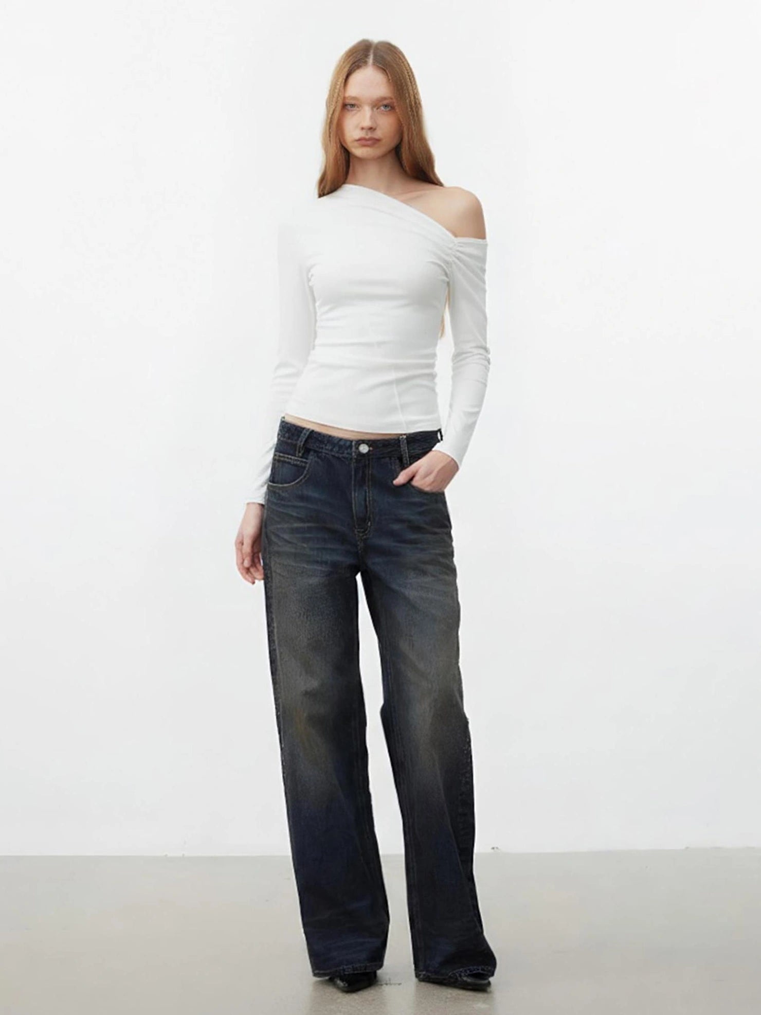 AFTADAWN Off Shoulder Ribbed Striped Long Sleeve T-shirt T-shirt