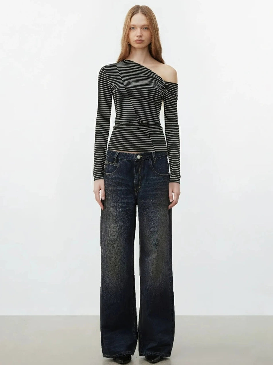 AFTADAWN Off Shoulder Ribbed Striped Long Sleeve T-shirt T-shirt