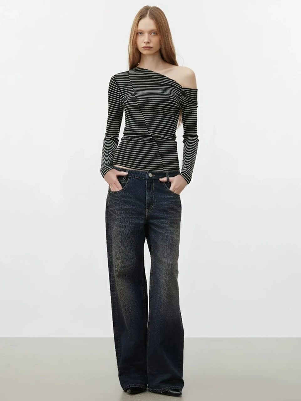 AFTADAWN Off Shoulder Ribbed Striped Long Sleeve T-shirt T-shirt