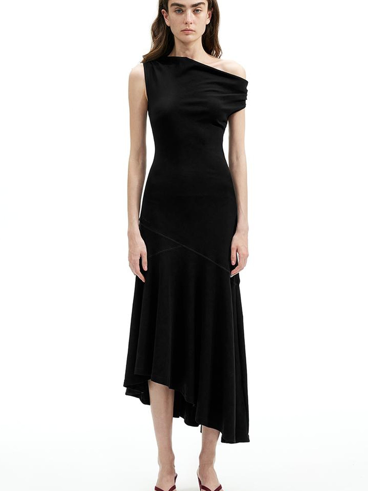 AFTADAWN Off Shoulder Slit Maxi Dress With Stretch Cotton Asymmetry