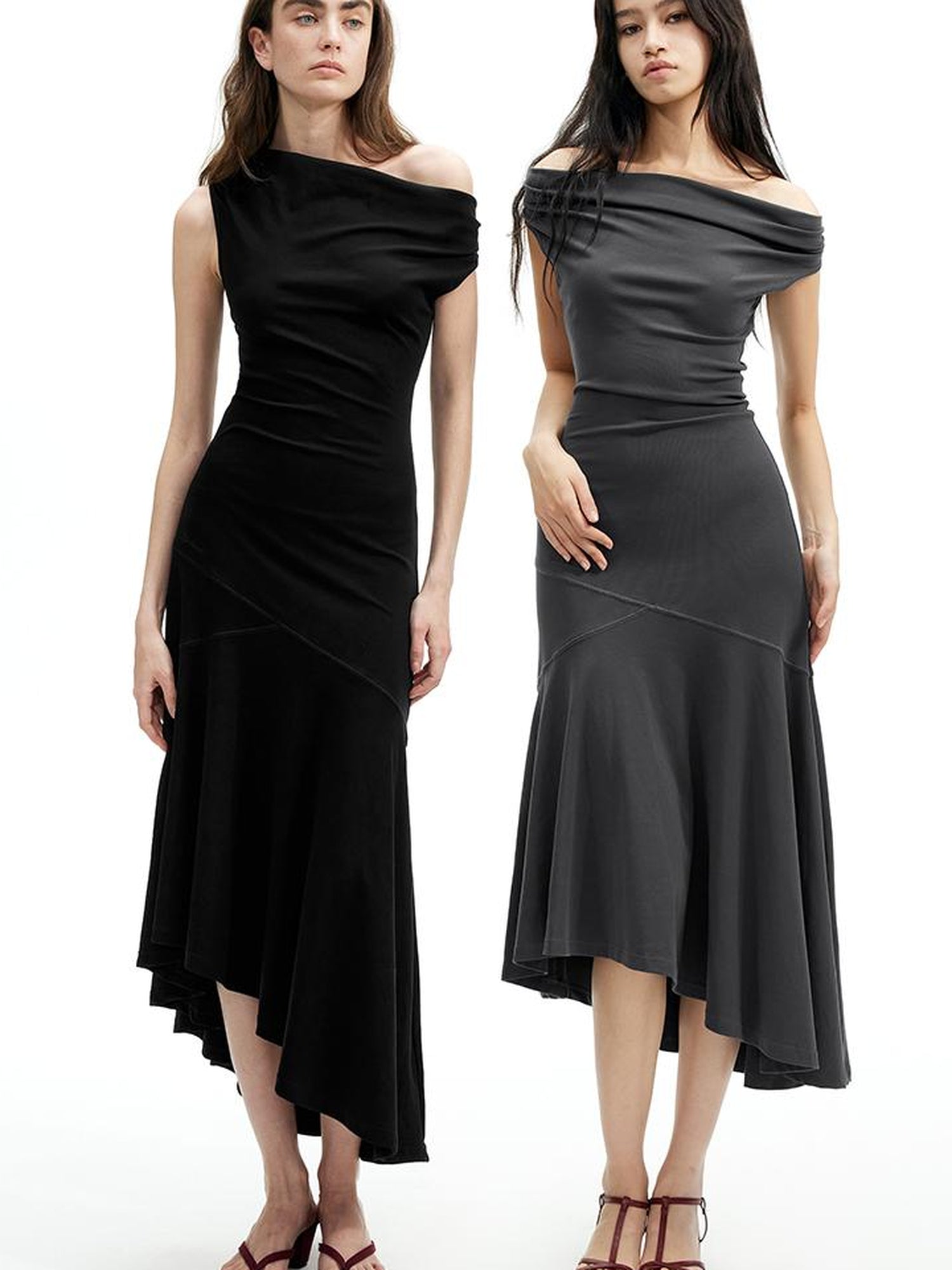 AFTADAWN Off Shoulder Slit Maxi Dress With Stretch Cotton Asymmetry