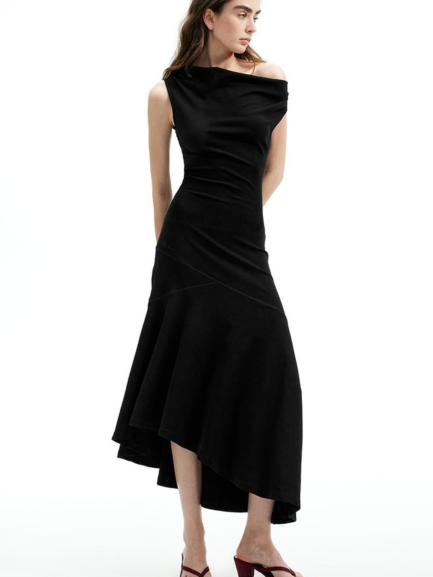 AFTADAWN Off Shoulder Slit Maxi Dress With Stretch Cotton Asymmetry