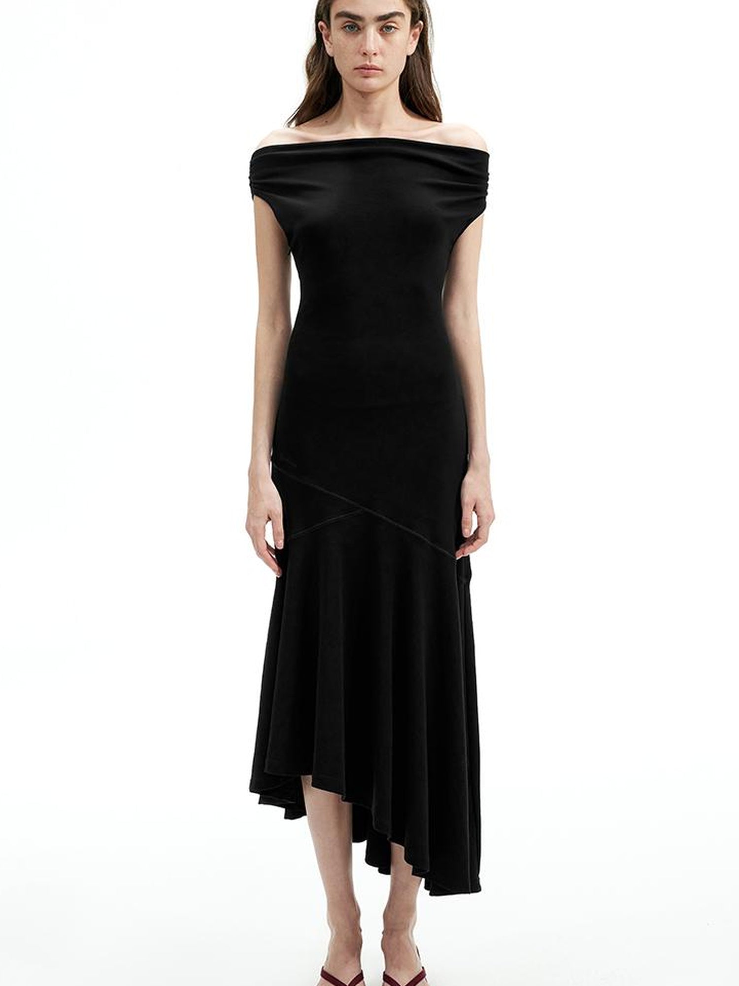 AFTADAWN Off Shoulder Slit Maxi Dress With Stretch Cotton Asymmetry