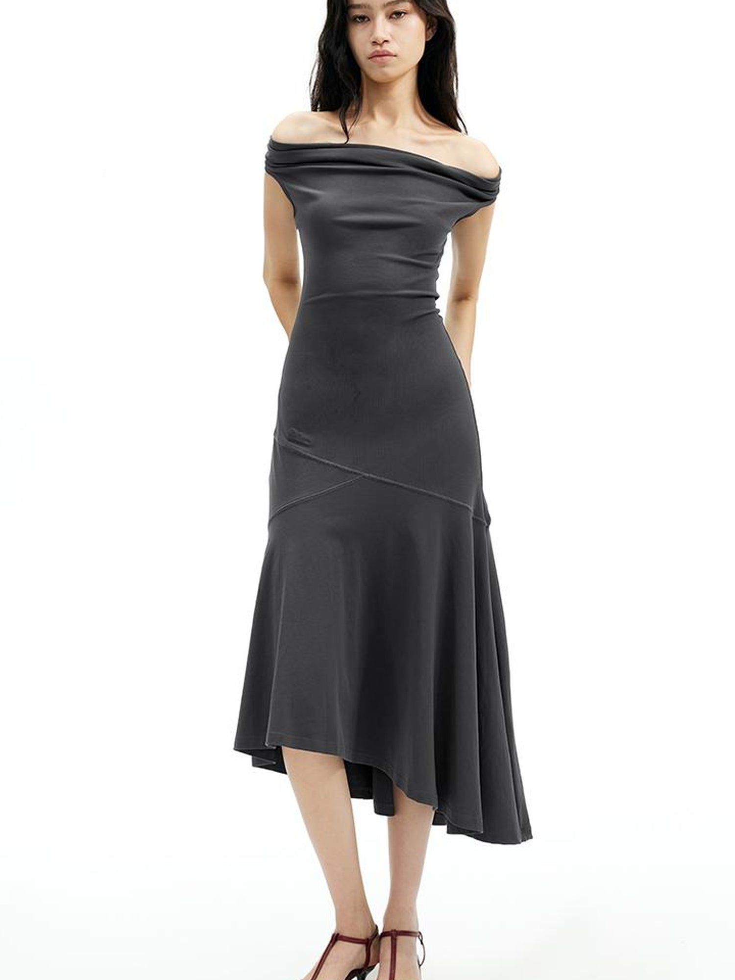 AFTADAWN Off Shoulder Slit Maxi Dress With Stretch Cotton Asymmetry