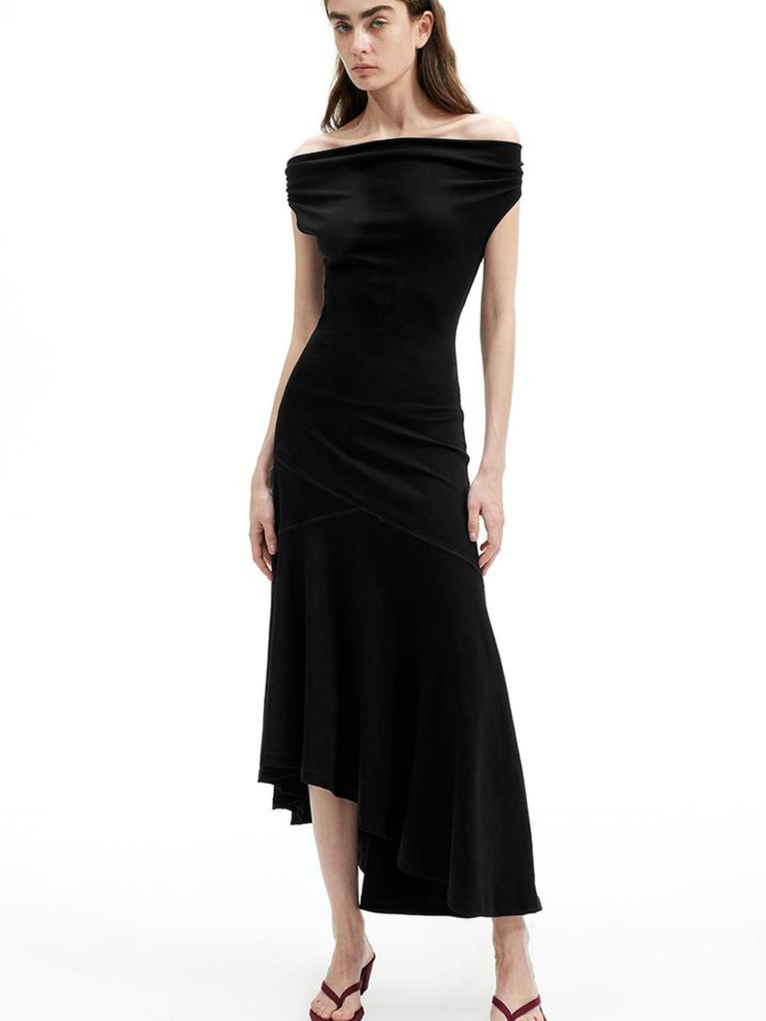 AFTADAWN Off Shoulder Slit Maxi Dress With Stretch Cotton Asymmetry