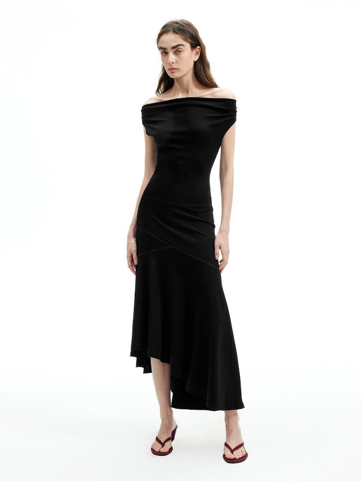 AFTADAWN Off Shoulder Slit Maxi Dress With Stretch Cotton Asymmetry