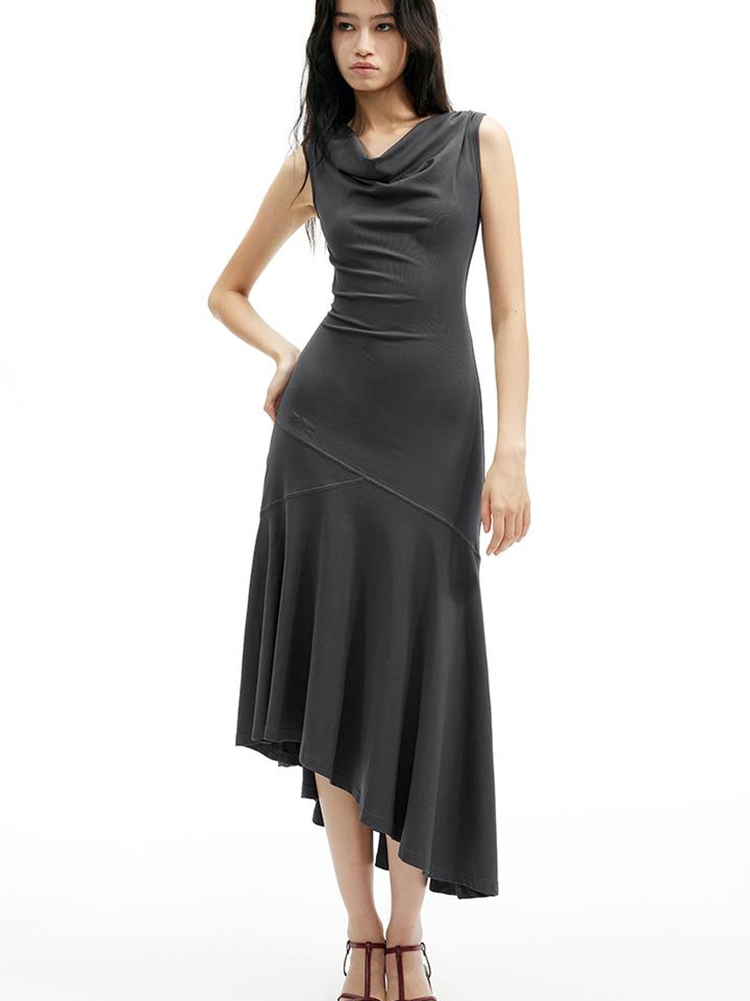 AFTADAWN Off Shoulder Slit Maxi Dress With Stretch Cotton Asymmetry