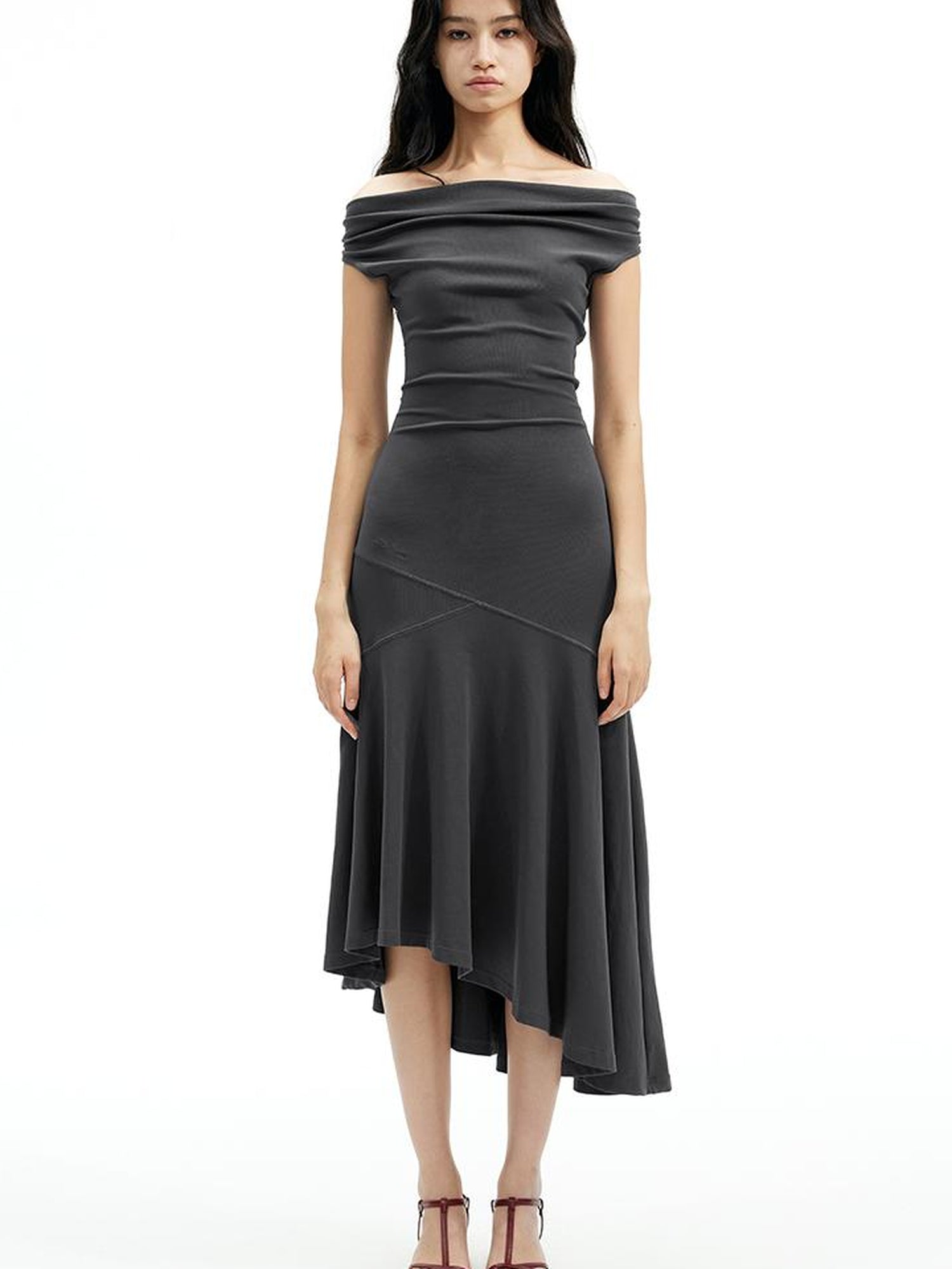 AFTADAWN Off Shoulder Slit Maxi Dress With Stretch Cotton Asymmetry