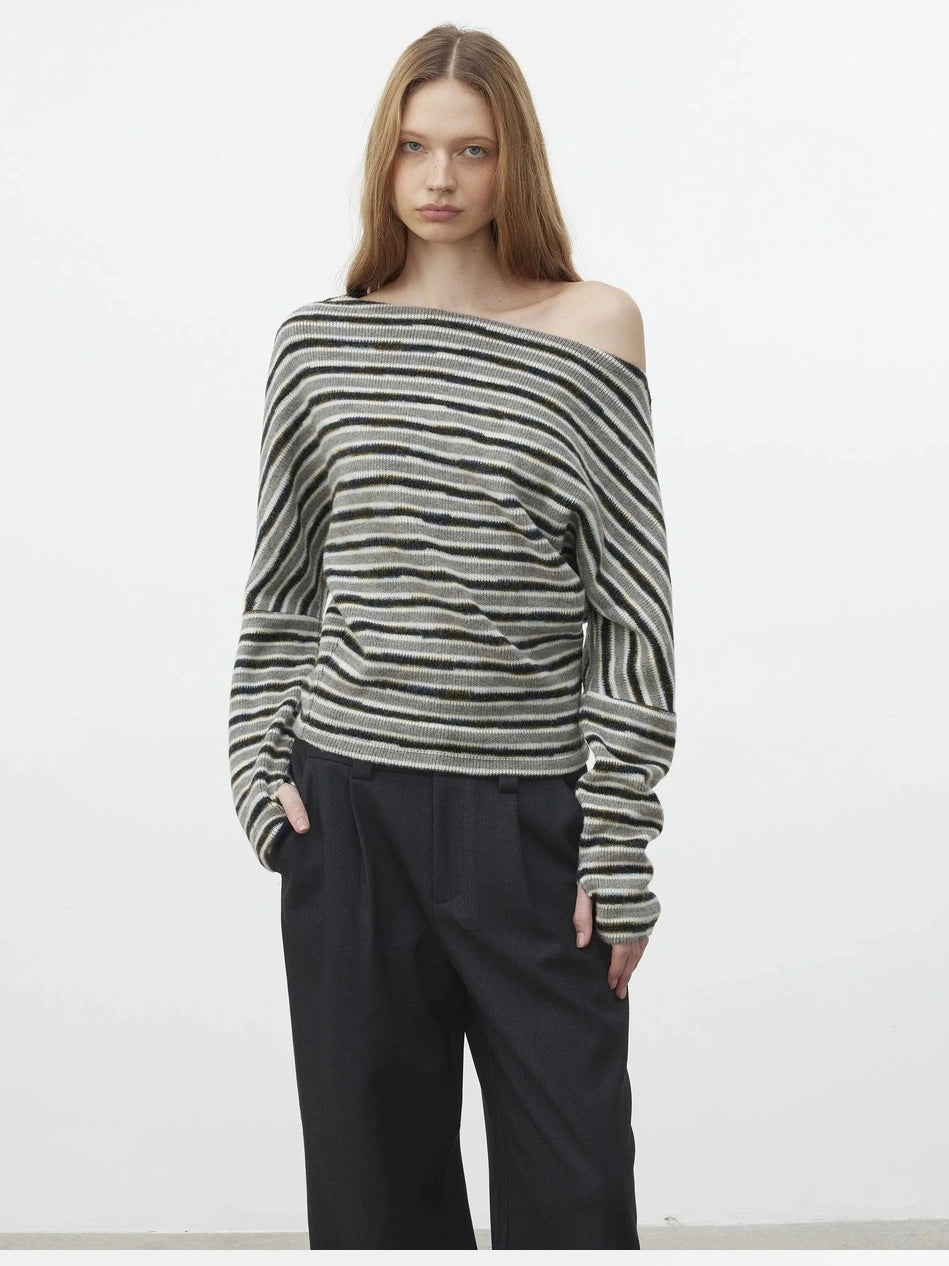 AFTADAWN Off Shoulder Striped Relaxed Knit Top Cardigan