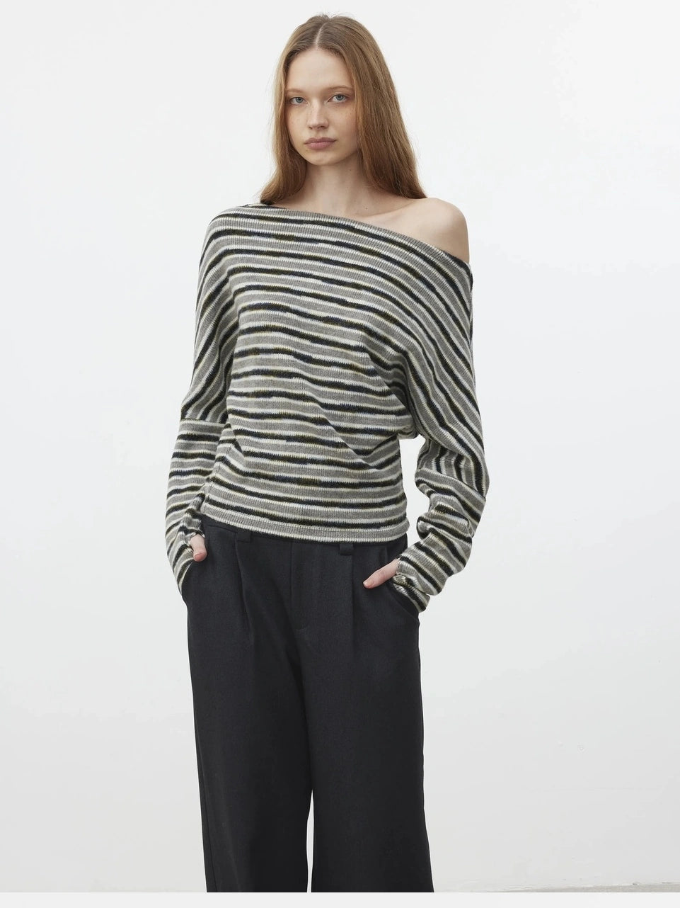 AFTADAWN Off Shoulder Striped Relaxed Knit Top Cardigan