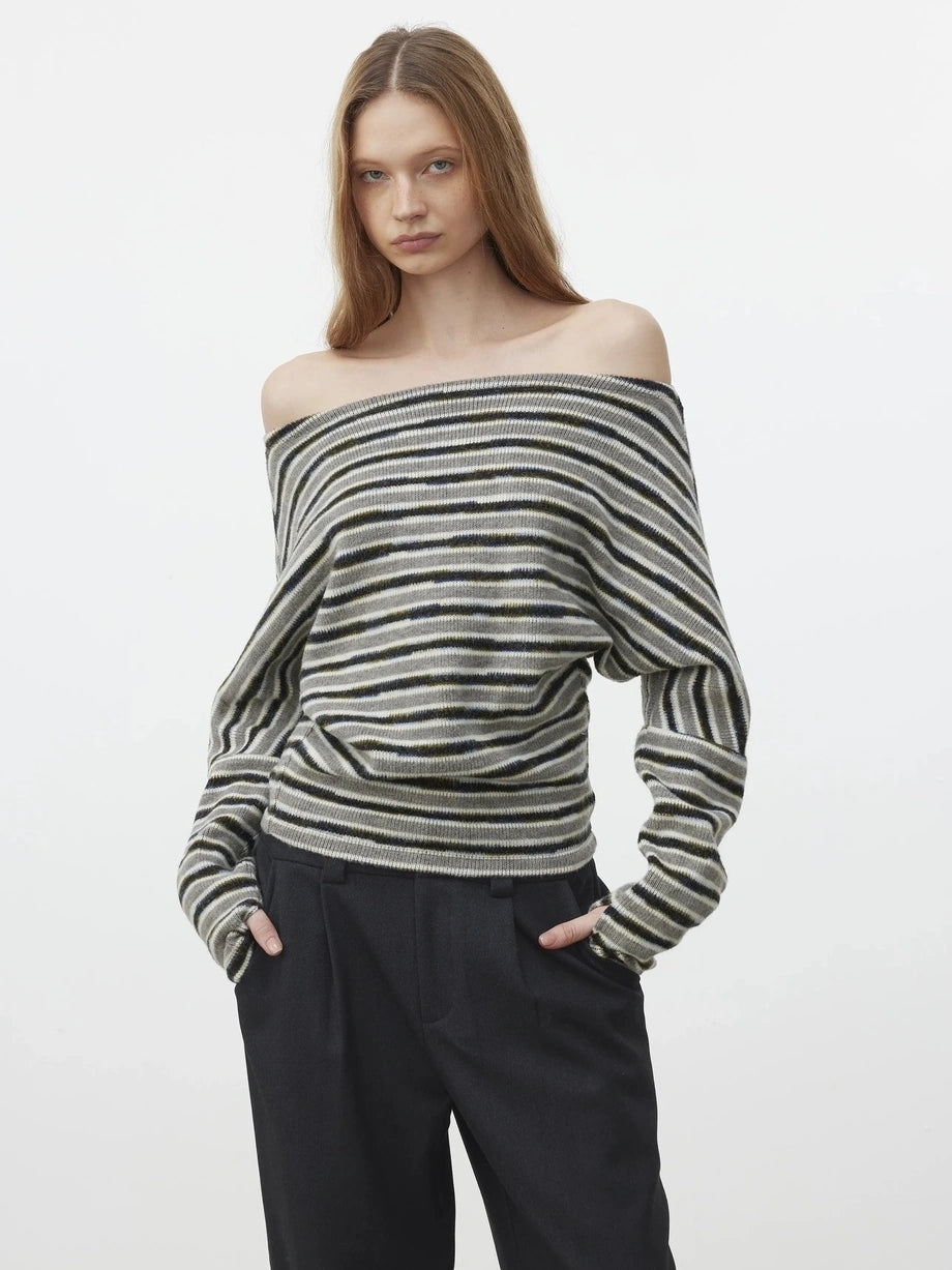 AFTADAWN Off Shoulder Striped Relaxed Knit Top Cardigan