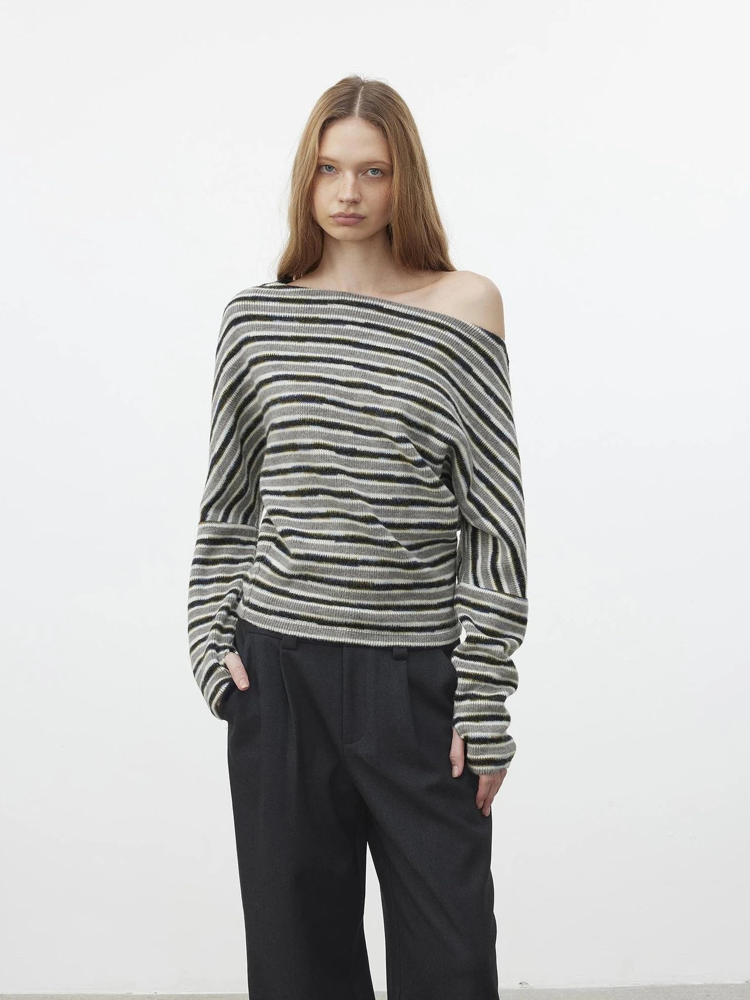 AFTADAWN Off Shoulder Striped Relaxed Knit Top Cardigan
