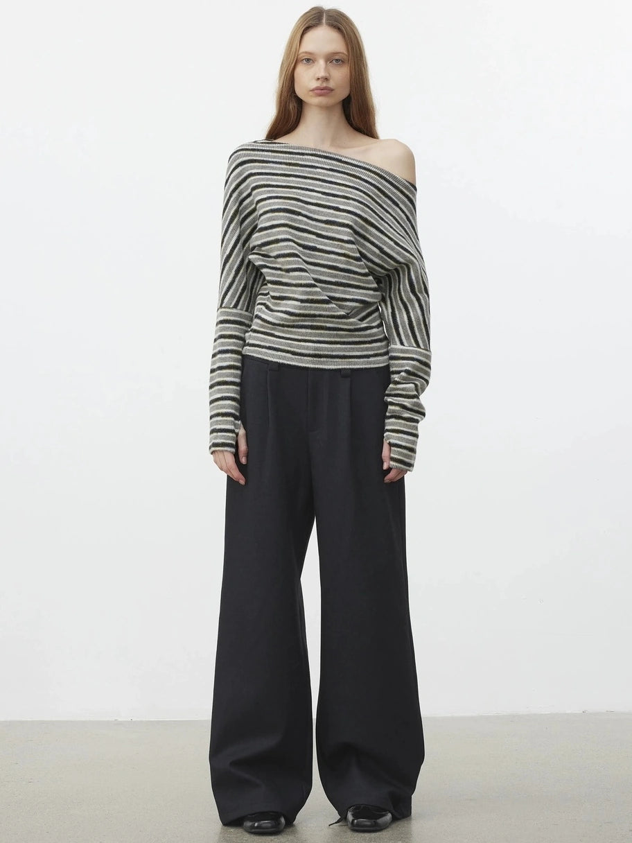 AFTADAWN Off Shoulder Striped Relaxed Knit Top Cardigan