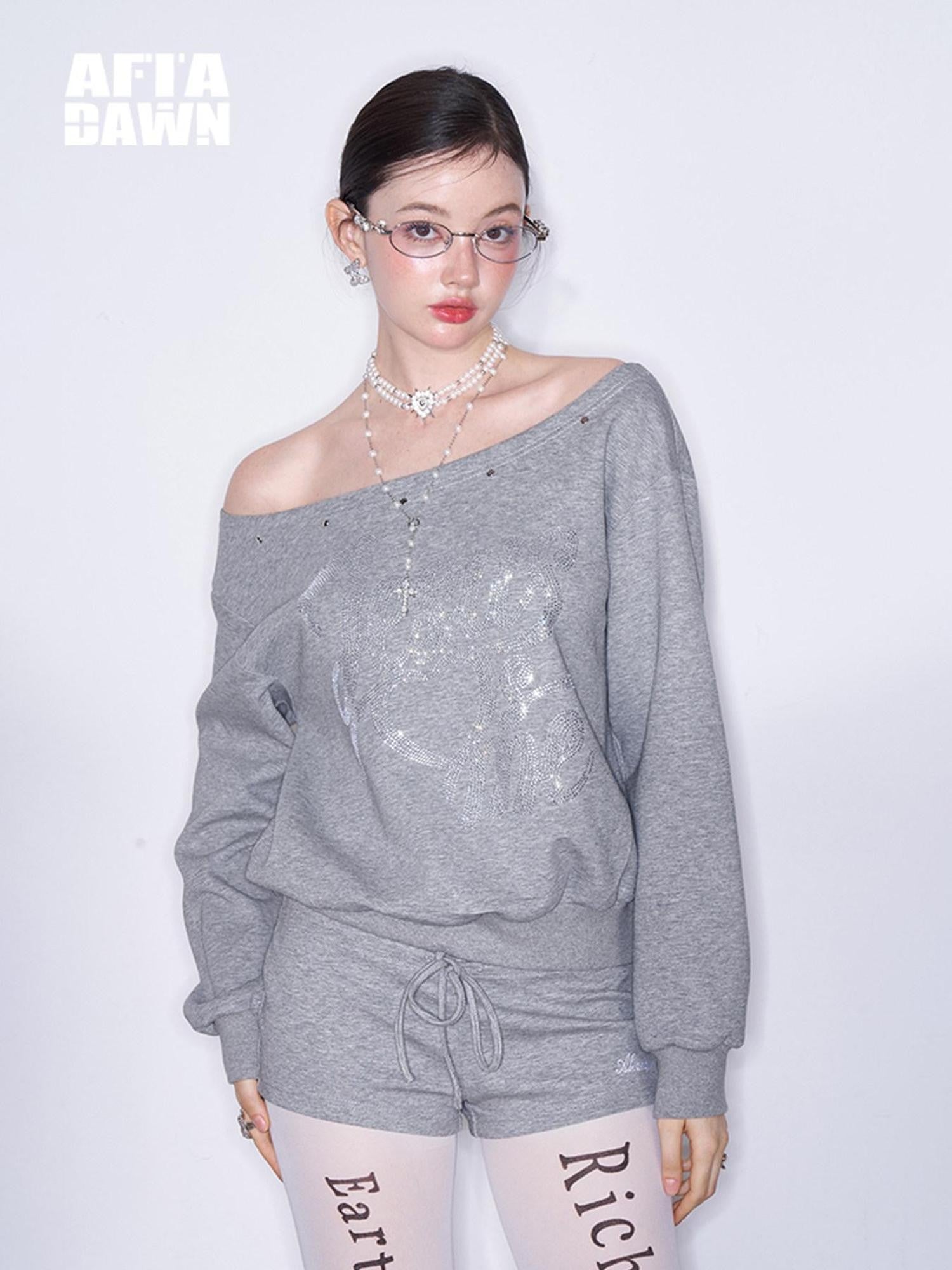 AFTADAWN Off Shoulder Studded Rhinestone Women&