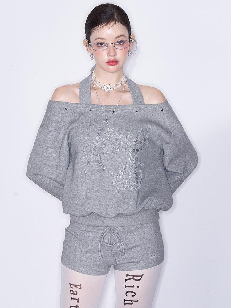 AFTADAWN Off Shoulder Studded Rhinestone Women&