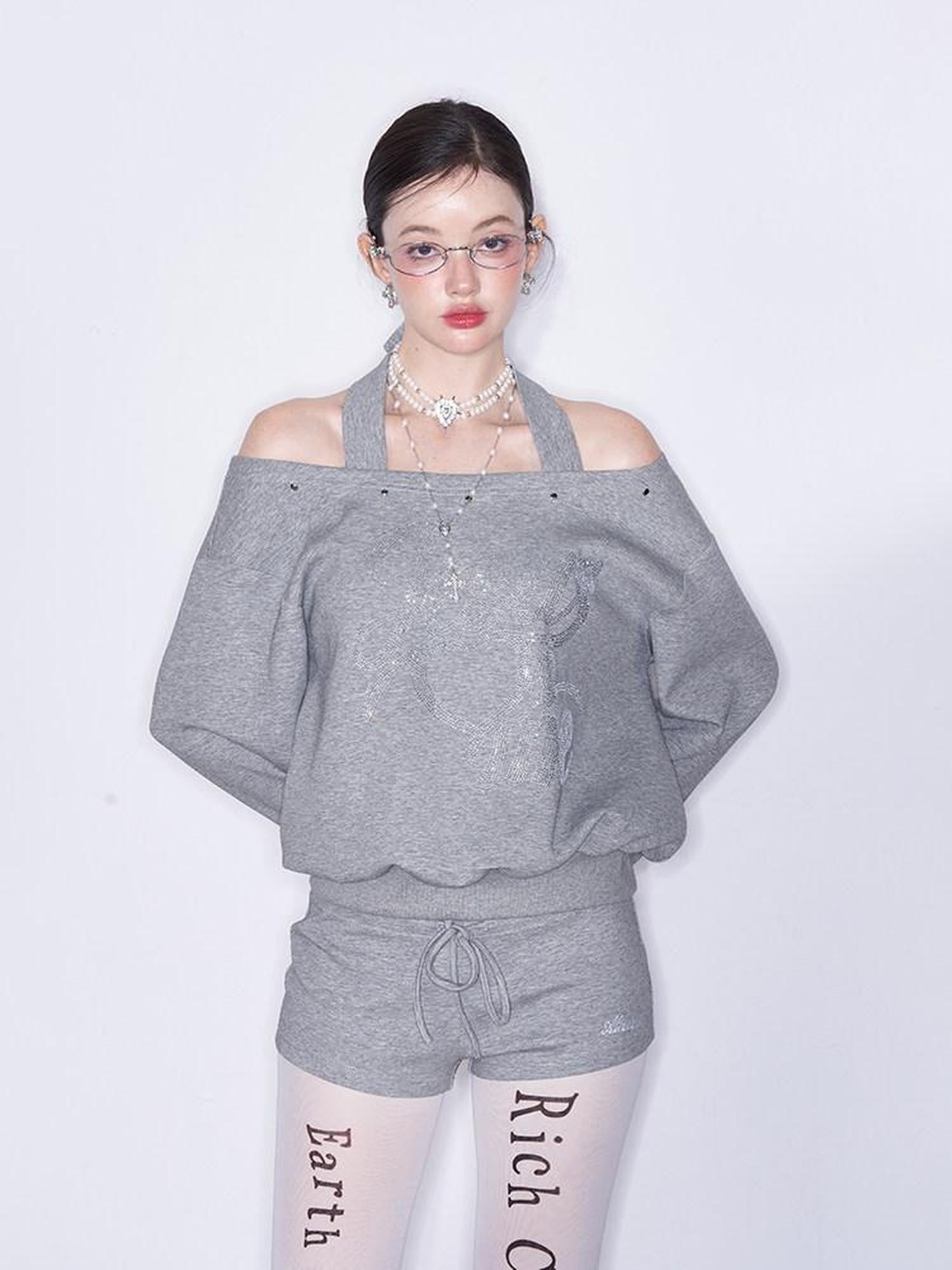 AFTADAWN Off Shoulder Studded Rhinestone Women&