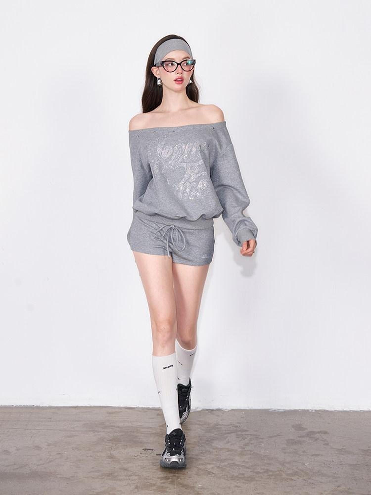 AFTADAWN Off Shoulder Studded Rhinestone Women&