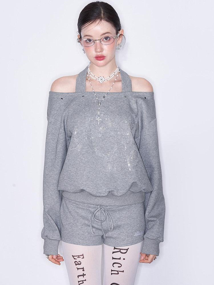 AFTADAWN Off Shoulder Studded Rhinestone Women&