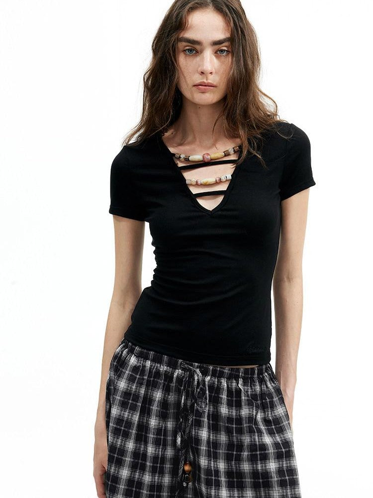 AFTADAWN Ombre Beaded Cutout Deep V Slim Fit Women&