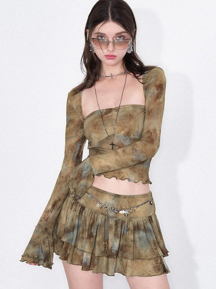 AFTADAWN Ombre Mesh Ruffle Hem Floral Print Women&