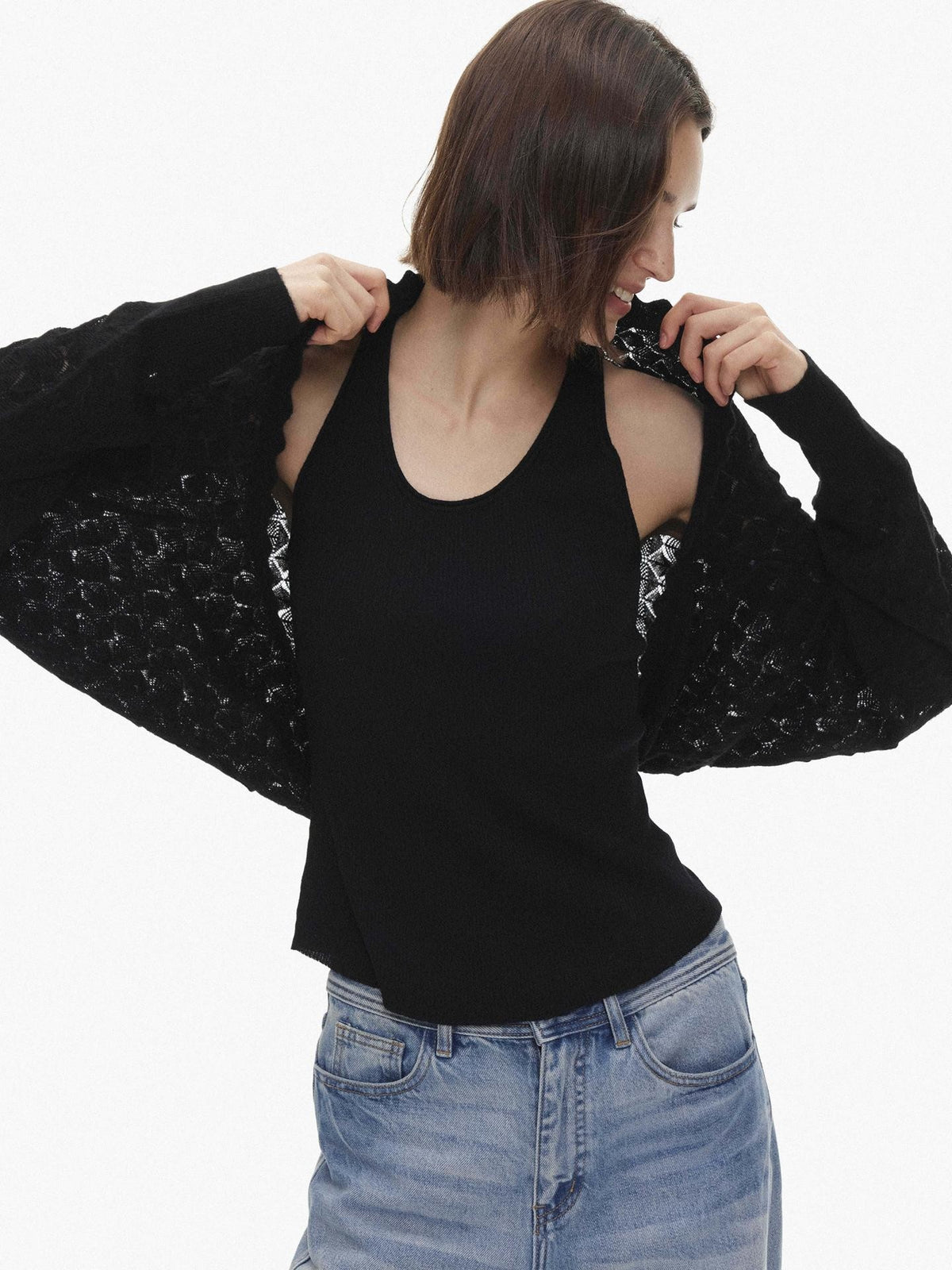 AFTADAWN Openwork Textured Loose Batwing Sleeve Wool Women&
