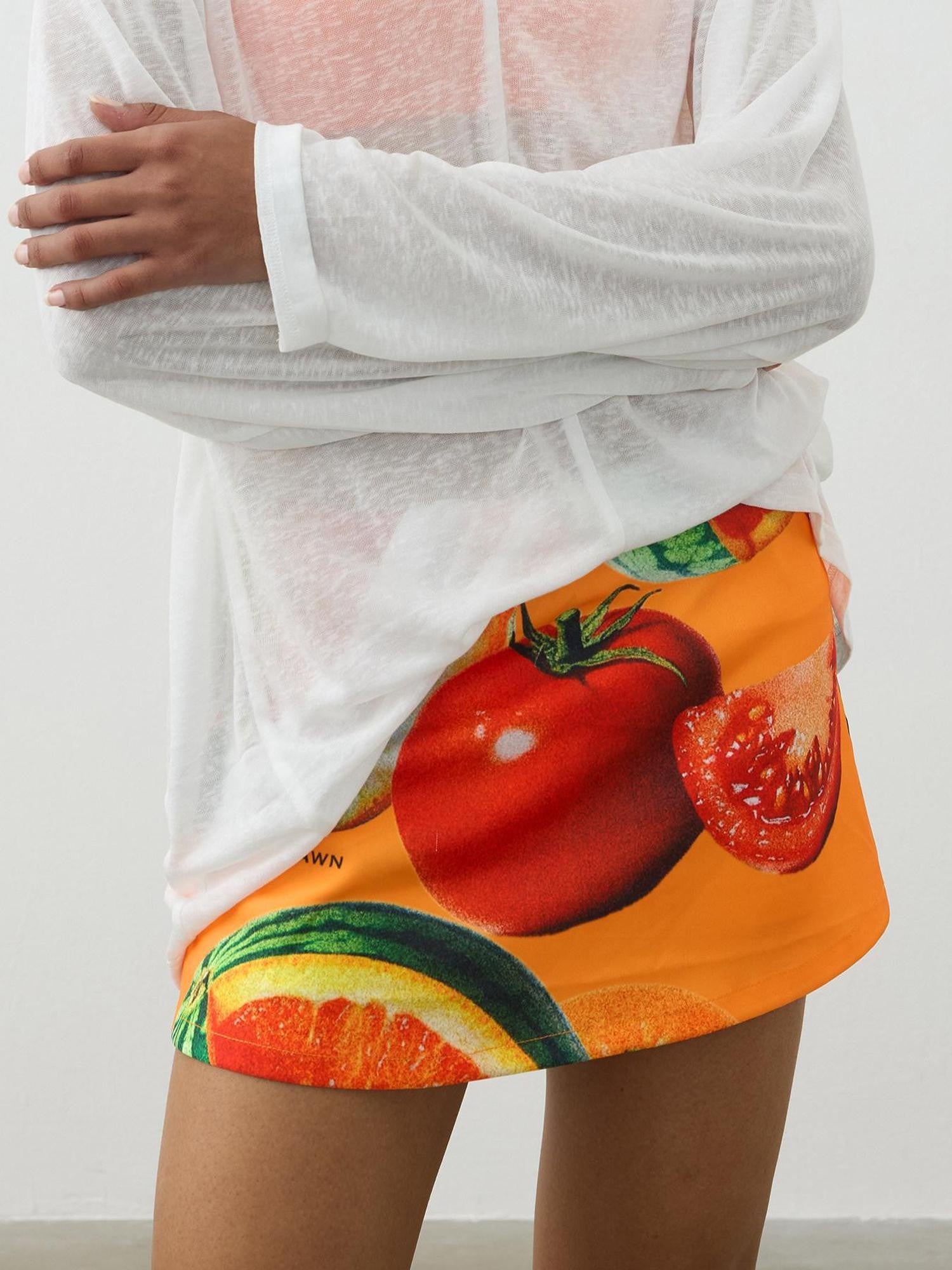 AFTADAWN Orange Fruit Print Patchwork Low Waist Women&