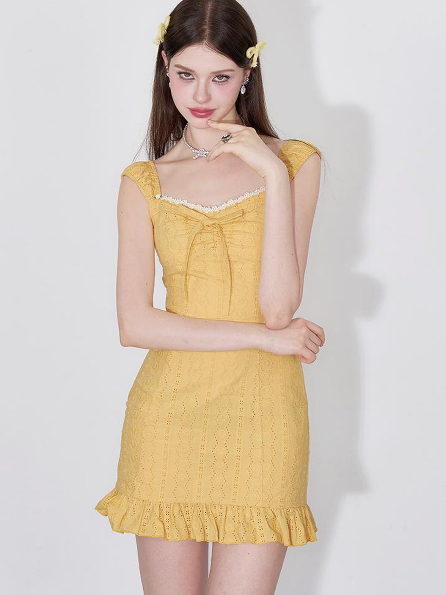 AFTADAWN Orange Glow Embroidered Cutout Flounce Hem Sundress