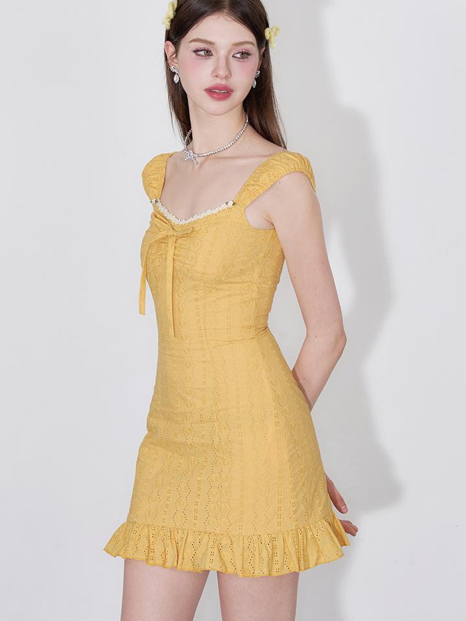 AFTADAWN Orange Glow Embroidered Cutout Flounce Hem Sundress