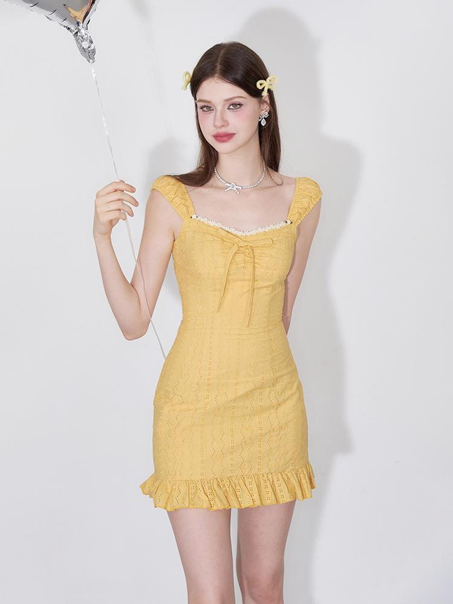 AFTADAWN Orange Glow Embroidered Cutout Flounce Hem Sundress