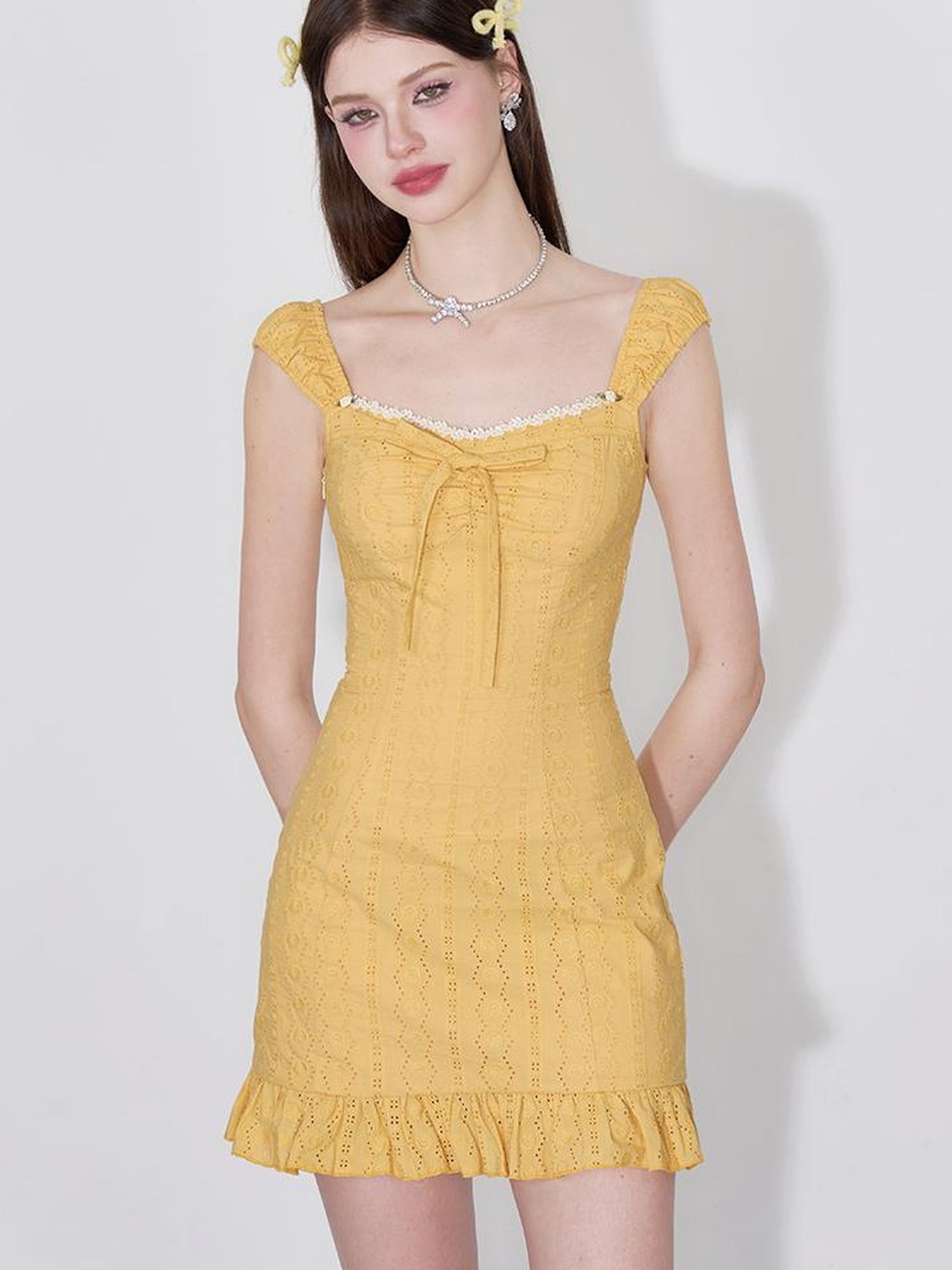 AFTADAWN Orange Glow Embroidered Cutout Flounce Hem Sundress