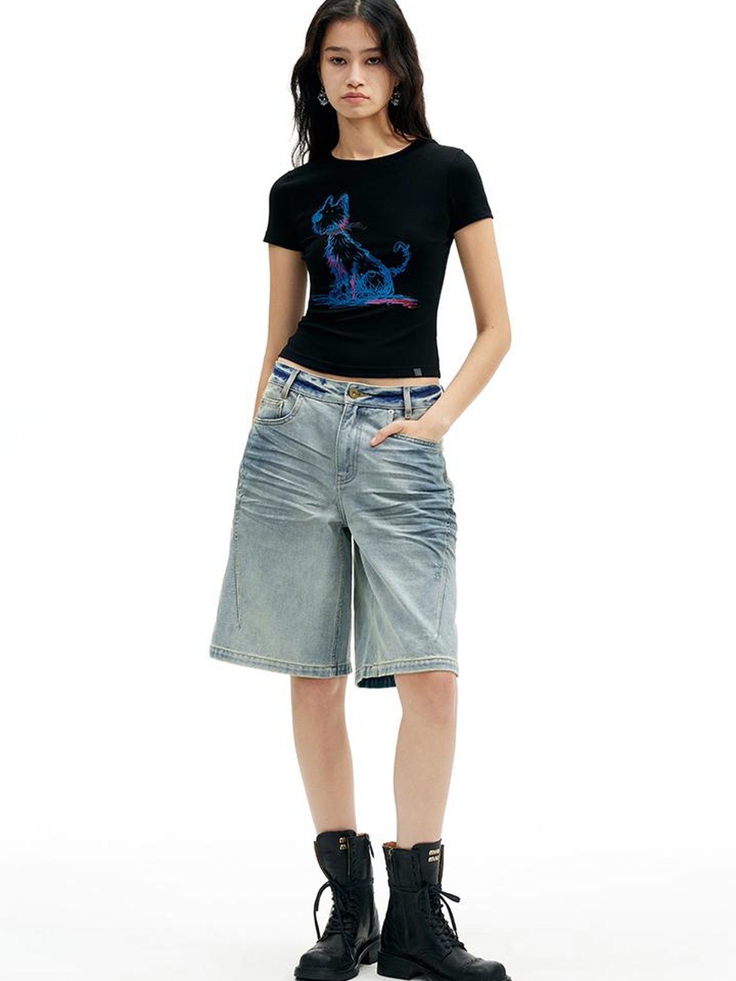 AFTADAWN Pet Print Fitted Crop Tee