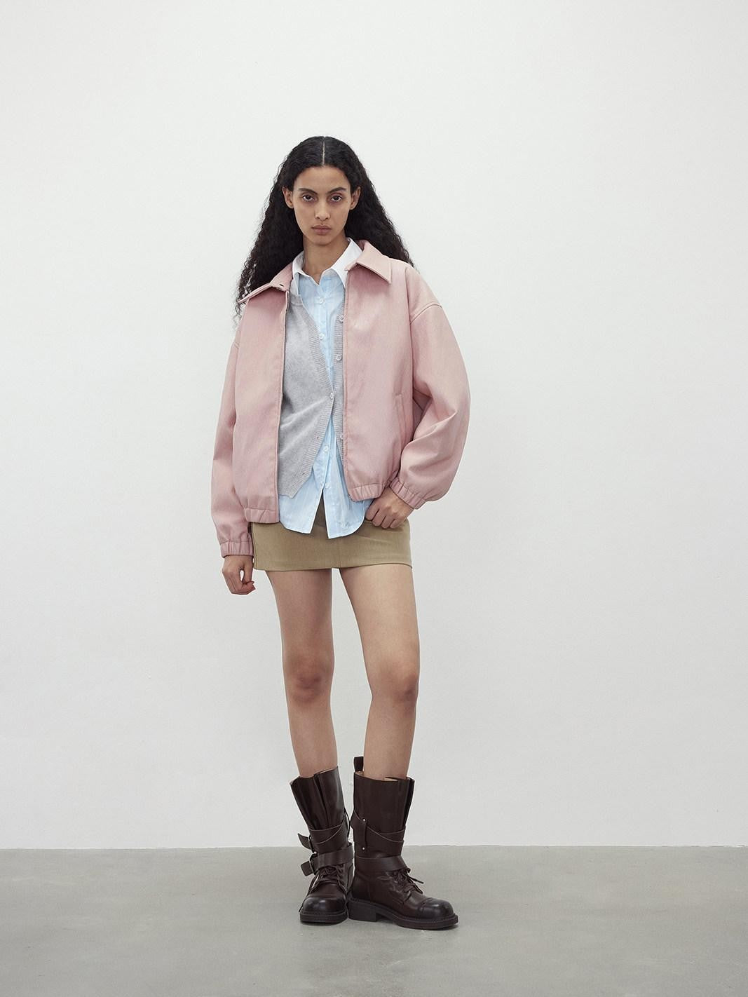 AFTADAWN Pink Wax Dye Oversized Drop Shoulder Collar Zip Front Women&