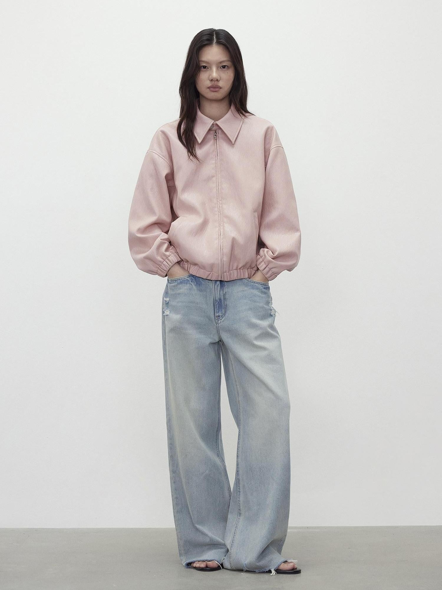 AFTADAWN Pink Wax Dye Oversized Drop Shoulder Collar Zip Front Women&