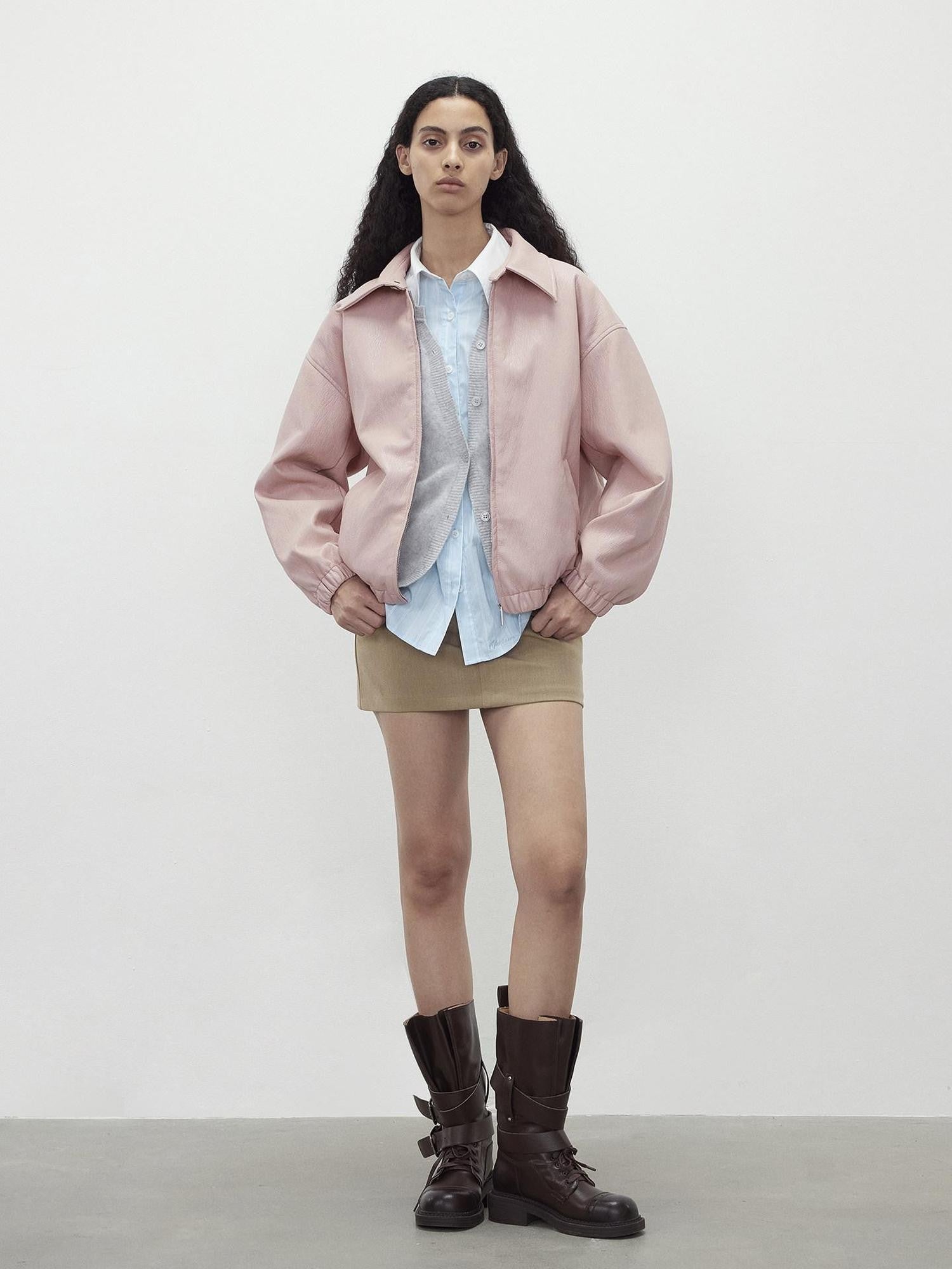 AFTADAWN Pink Wax Dye Oversized Drop Shoulder Collar Zip Front Women&