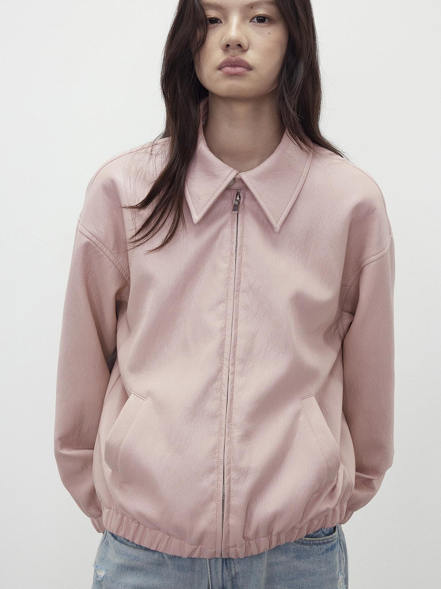 AFTADAWN Pink Wax Dye Oversized Drop Shoulder Collar Zip Front Women&