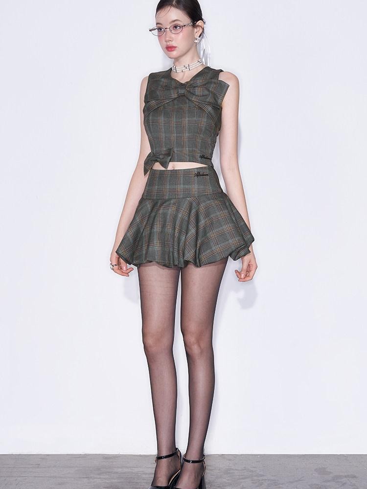 AFTADAWN Plaid 3d Bow Strappy Crop Tulip Skirt Slim Women&