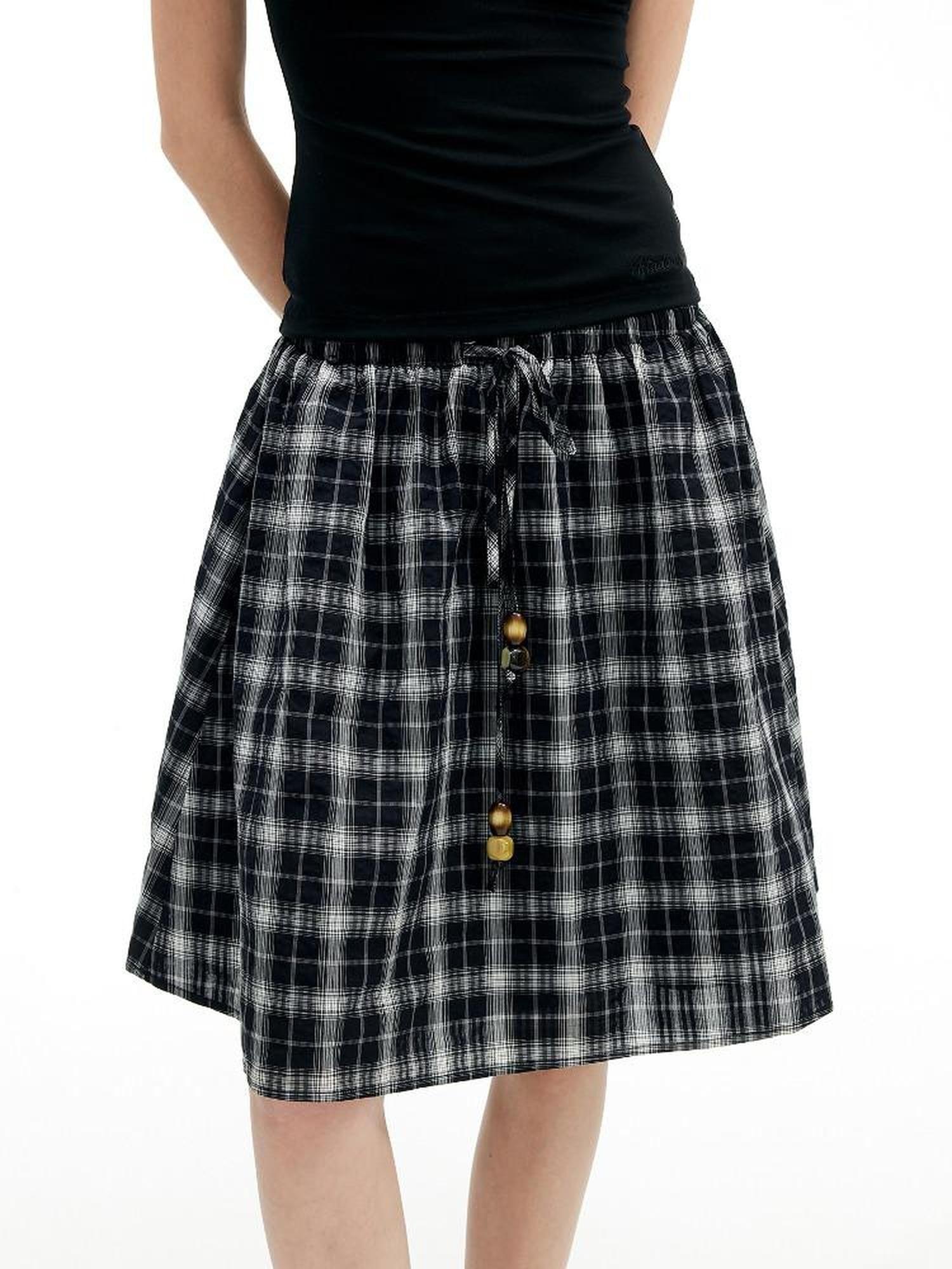 AFTADAWN Plaid Beaded Halter Elastic Tie A Line Women&