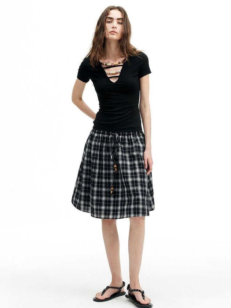 AFTADAWN Plaid Beaded Halter Elastic Tie A Line Women&