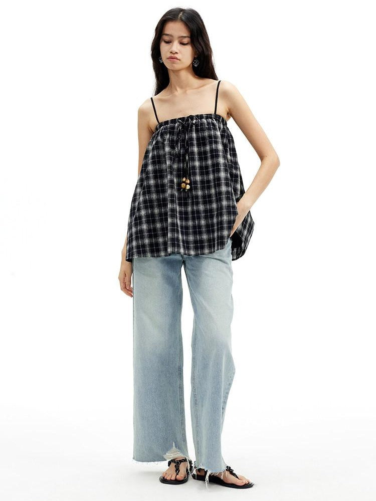 AFTADAWN Plaid Beaded Halter Elastic Tie A Line Women&