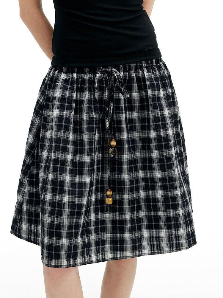 AFTADAWN Plaid Beaded Halter Elastic Tie A Line Women&