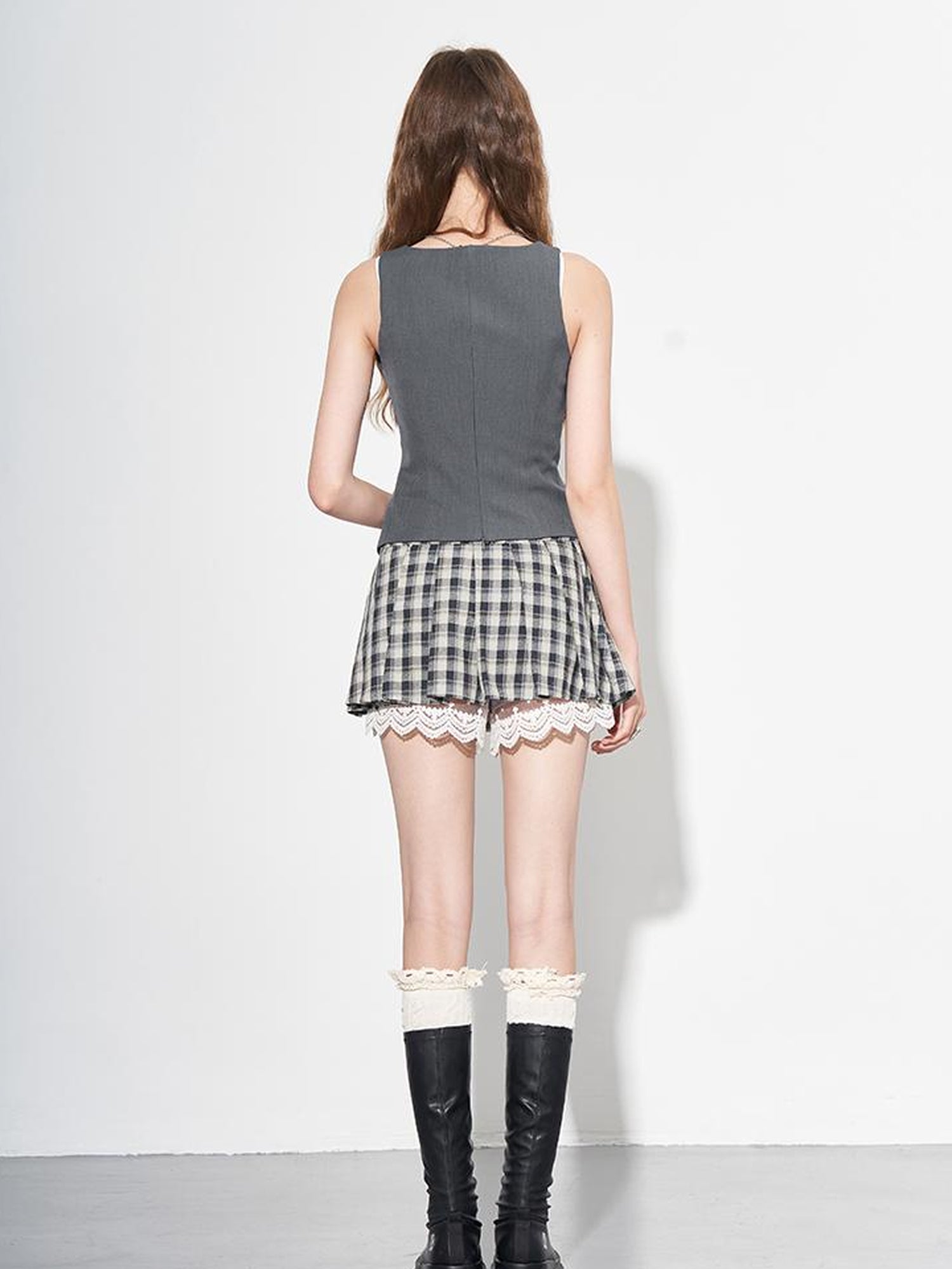 AFTADAWN Plaid Bow Slit Blazer Vest