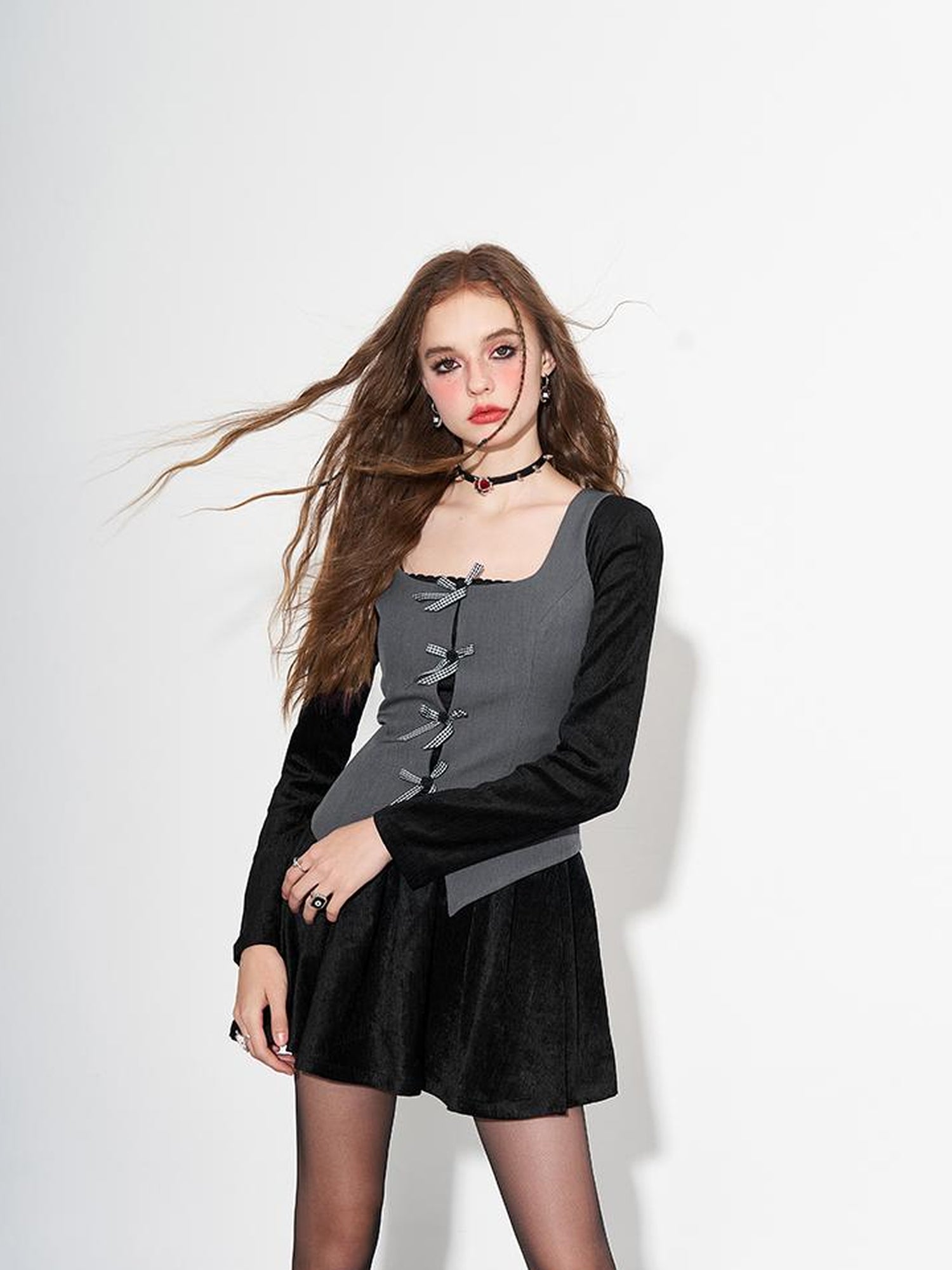 AFTADAWN Plaid Bow Slit Blazer Vest