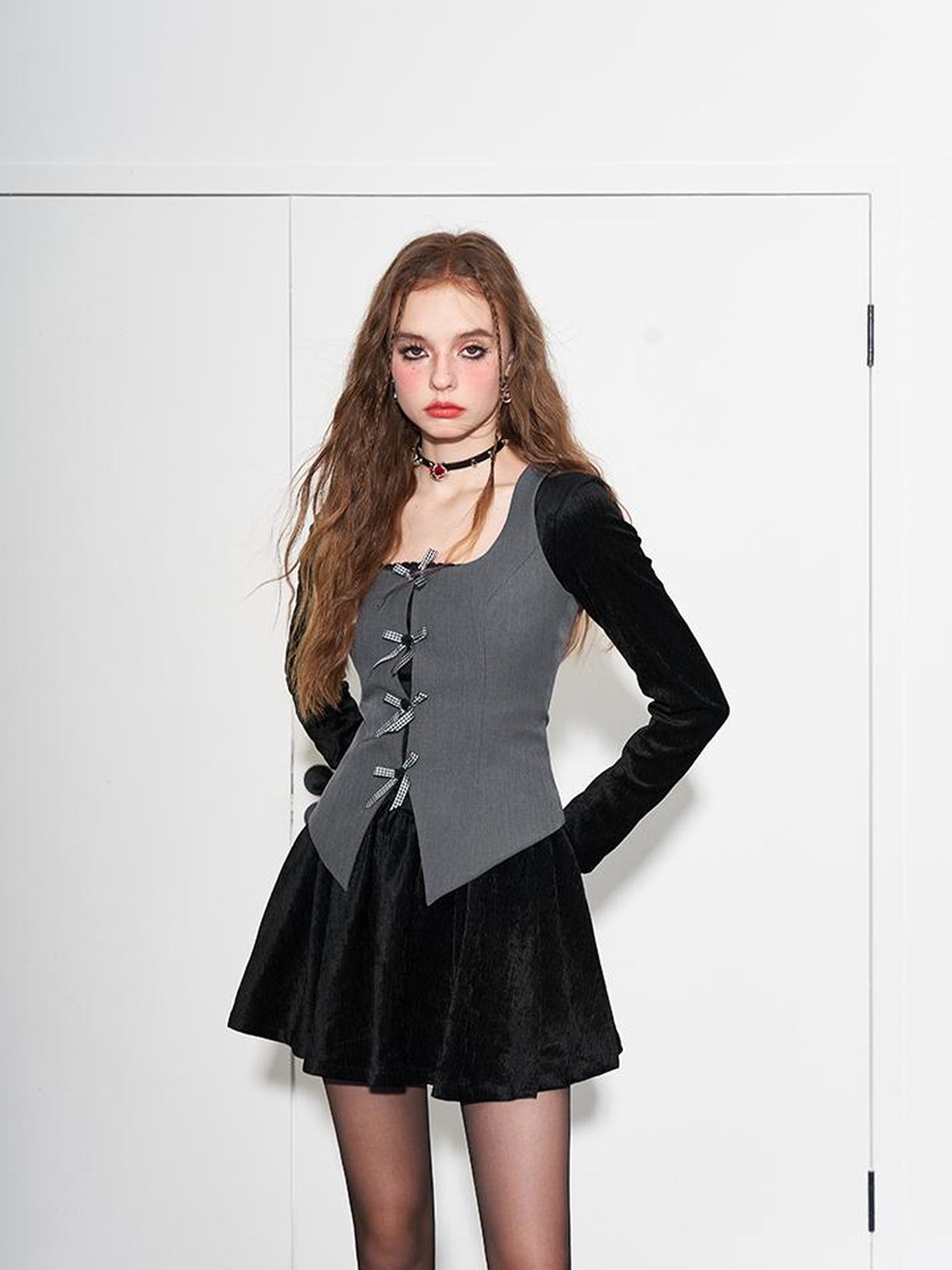 AFTADAWN Plaid Bow Slit Blazer Vest