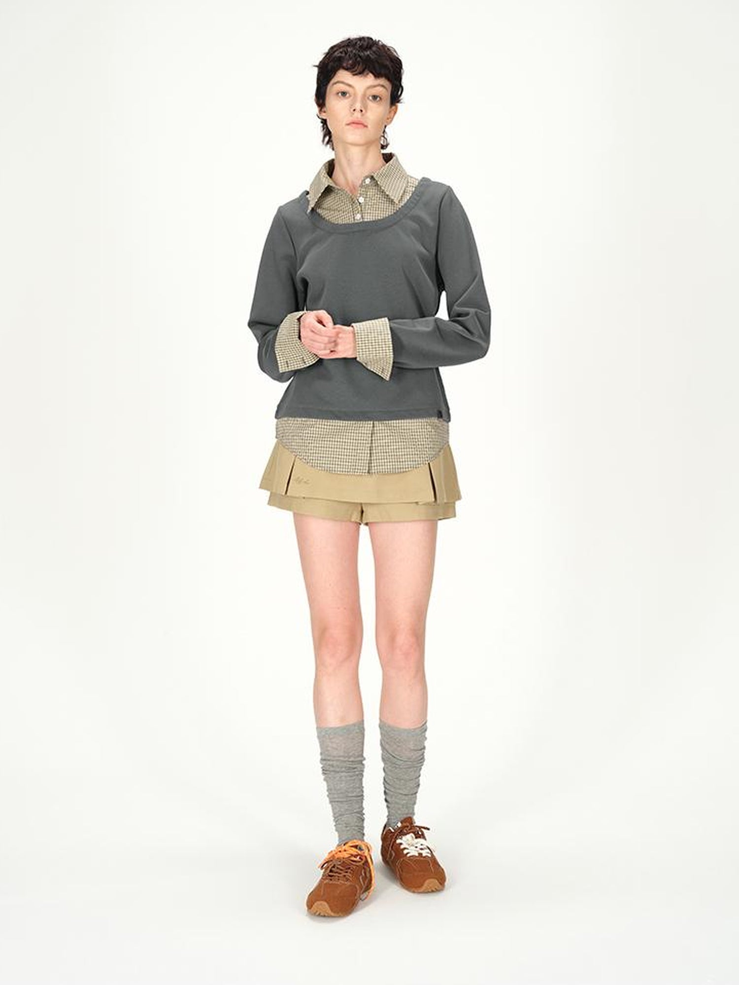 AFTADAWN Plaid Paneled Oversized Polo Shirt