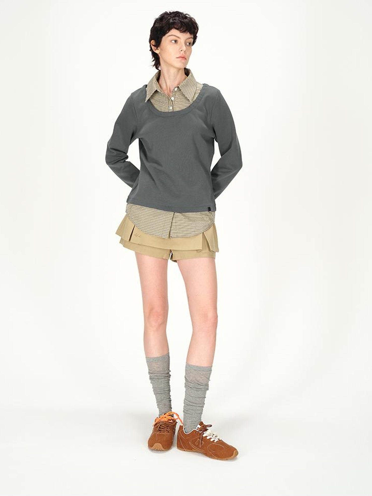 AFTADAWN Plaid Paneled Oversized Polo Shirt