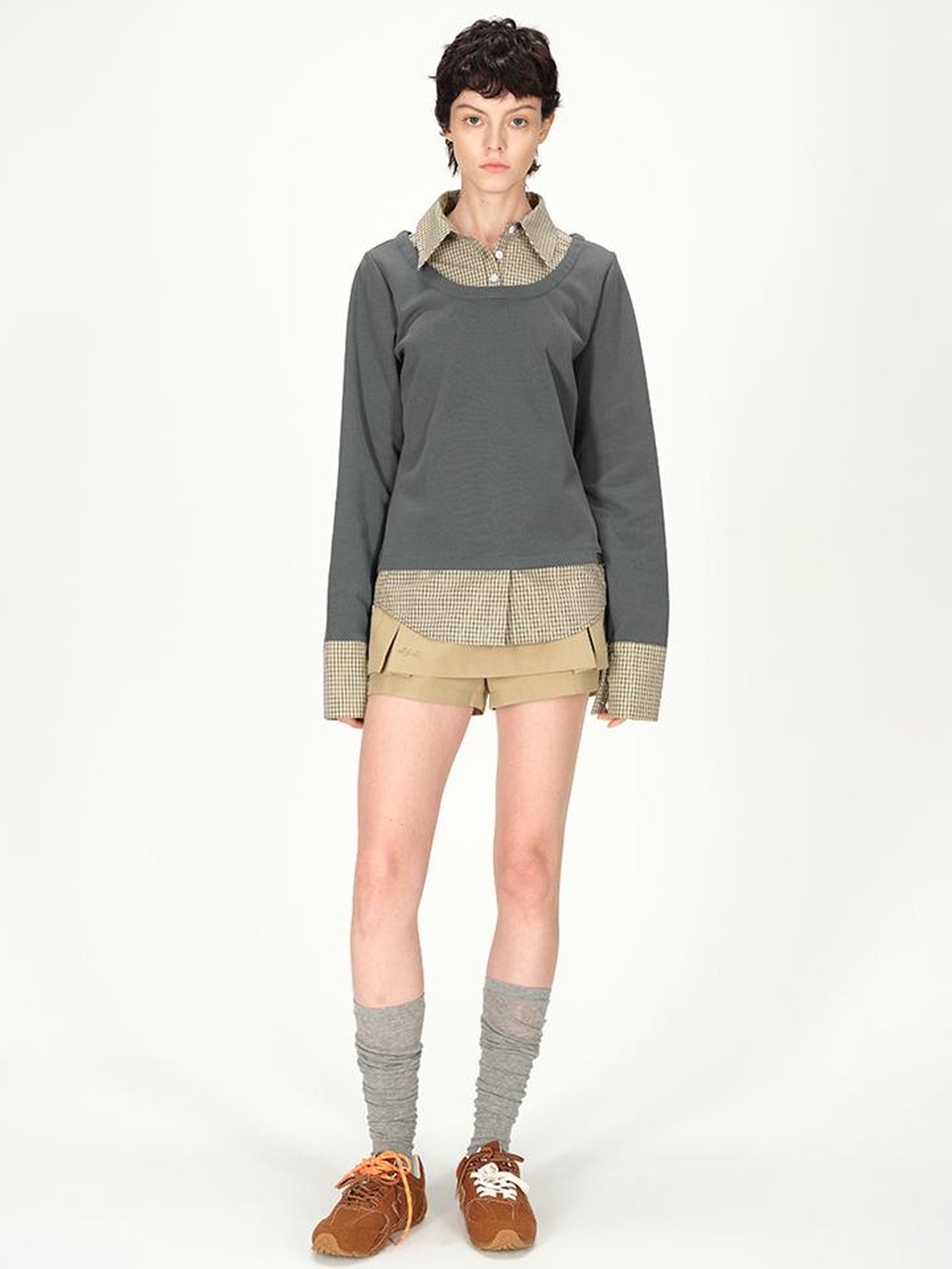 AFTADAWN Plaid Paneled Oversized Polo Shirt