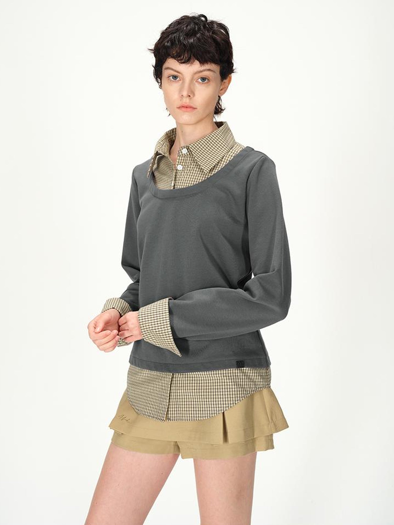 AFTADAWN Plaid Paneled Oversized Polo Shirt