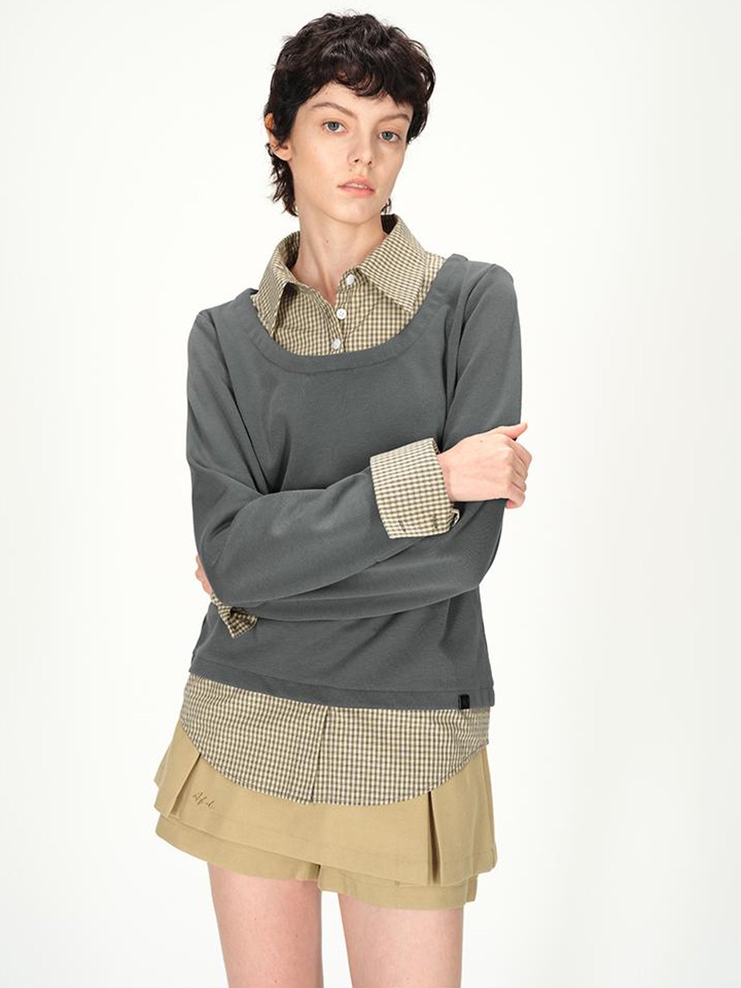 AFTADAWN Plaid Paneled Oversized Polo Shirt